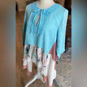 Up-Cycle Embellished linen Tunic Top Boho Large loose Floral Lace
